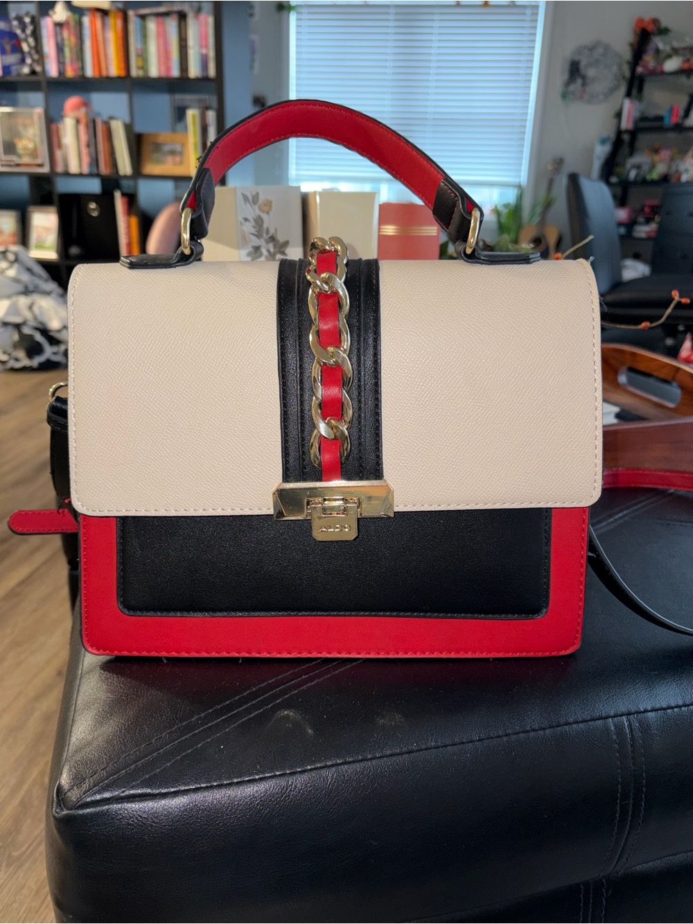 Aldo Red Black Cream Colorblock Top-Handle Satchel